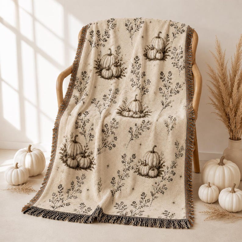 Woven Pumpkin Throw Blanket, Neutral Fall Tapestry, Cottagecore Botanical Decor image 2