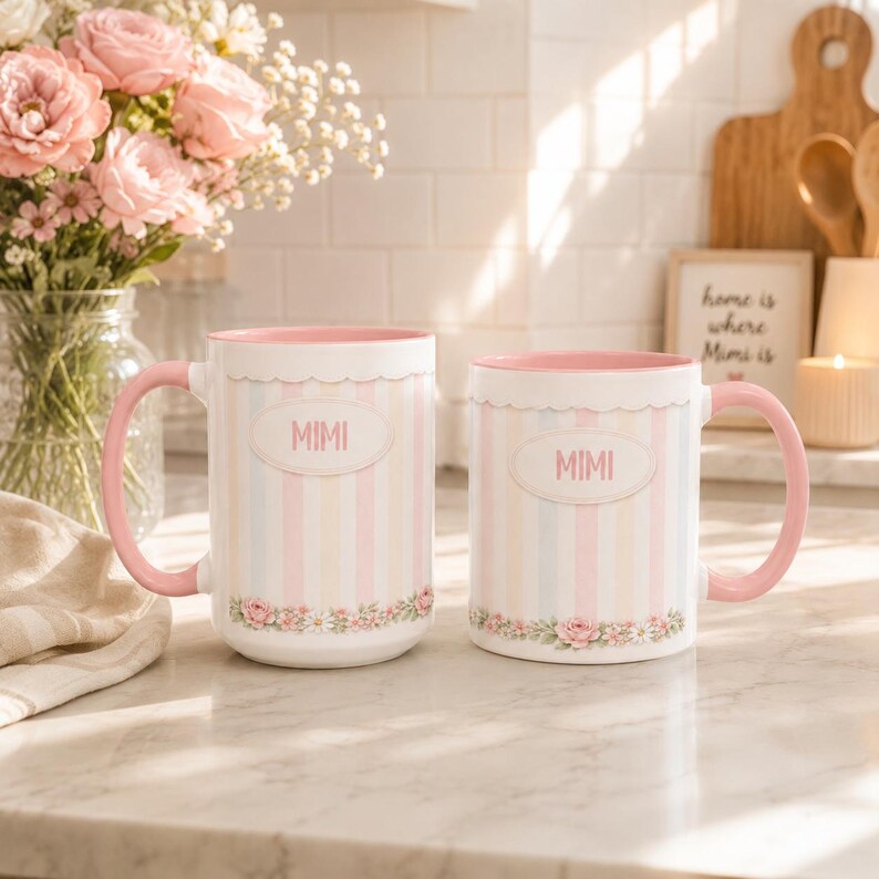 Personalized Mimi Pastel Striped Name Mug, Watercolor Floral Accent Coffee Cup image 3
