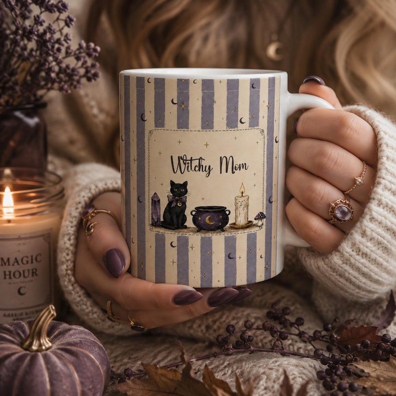 Personalized Witchy Mom Mug, Celestial Black Cat Coven Gift, Ceramic Coffee Cup image 9