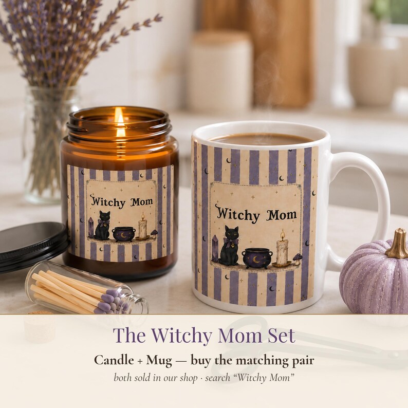 May include: A brown glass candle and a white ceramic mug, both featuring a label with purple stripes, a black cat, a cauldron, a candle, and the text Witchy Mom. A small glass jar of matches with purple tips sits between them, and a small purple pumpkin.