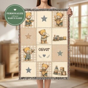 Couverture bébé tissée personnalisée, plaid patchwork ours en peluche neutre avec prénom, souvenir de naissance