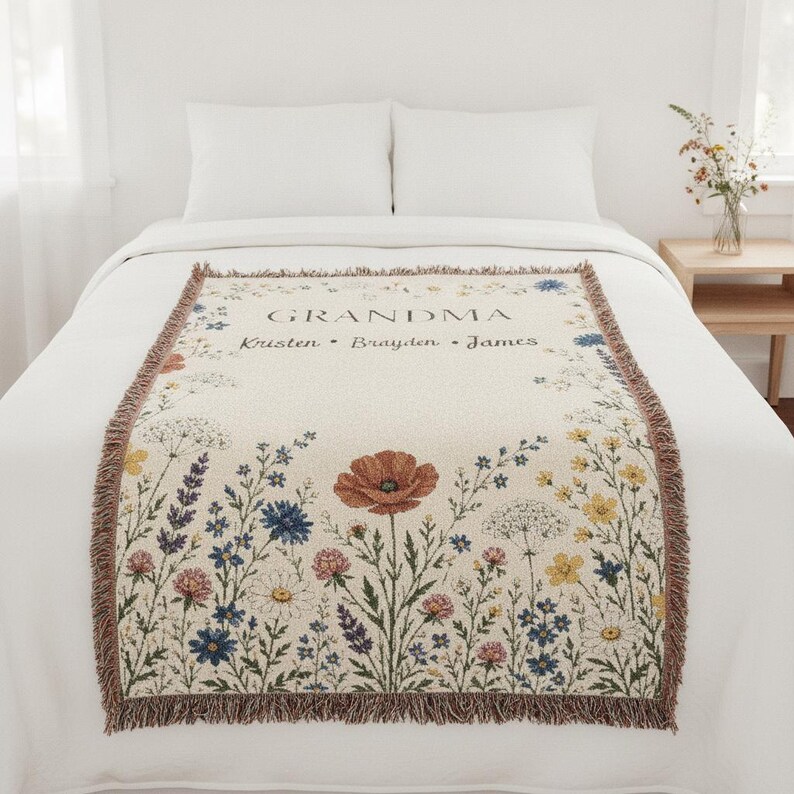 Personalized Grandma Wildflower Woven Blanket, Custom Grandkids Names Throw image 11