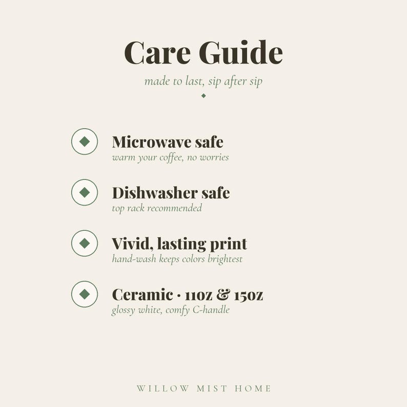 May include: A beige care guide card with dark green text. The header reads Care Guide, made to last, sip after sip. Bullet points list Microwave safe, Dishwasher safe, Vivid, lasting print, and Ceramic 11oz & 15oz. Willow Mist Home is at the bottom.