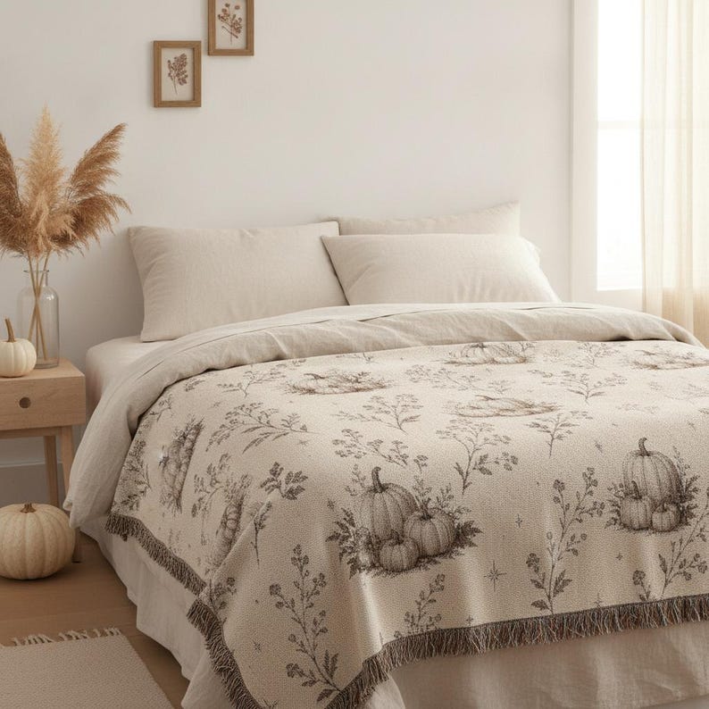 Woven Pumpkin Throw Blanket, Neutral Fall Tapestry, Cottagecore Botanical Decor image 5