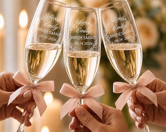 Personalized Bridesmaid Proposal Champagne Flute, Engraved Botanical Wedding Toasting Glass