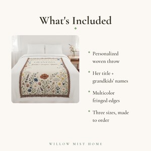 May include: A personalized woven throw blanket featuring a floral pattern with red, blue, and yellow flowers, the text 'GRANDMA' and three names, and fringed edges. The image includes text listing features: 'What's Included', 'Personalized woven throw', 'Her title + grandkids' names', 'Multicolor fringed edges', 'Three sizes, made to order', and 'WILLOW MIST HOME'.