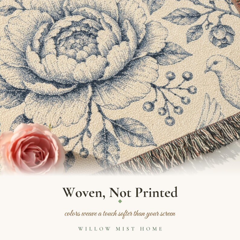 Personalized Family Name Woven Blanket, Vintage Floral Toile Throw, 100% Cotton, Fringed Edge image 4