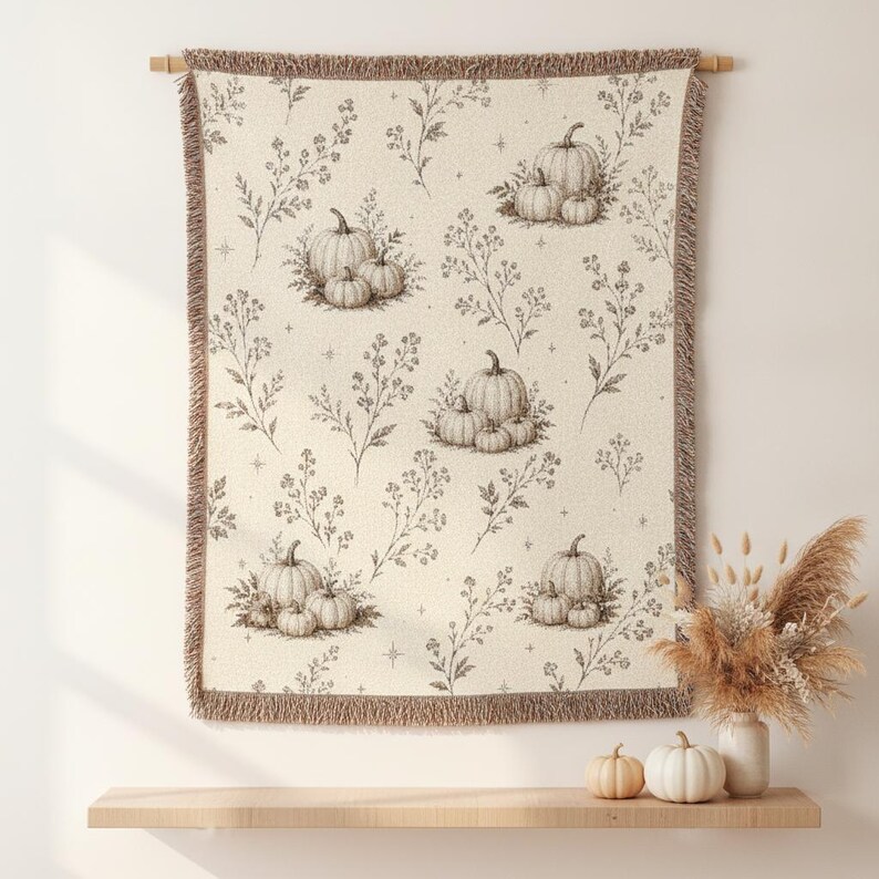Woven Pumpkin Throw Blanket, Neutral Fall Tapestry, Cottagecore Botanical Decor image 4