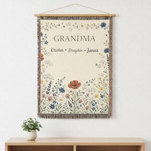 Personalized Grandma Wildflower Woven Blanket, Custom Grandkids Names Throw image 4