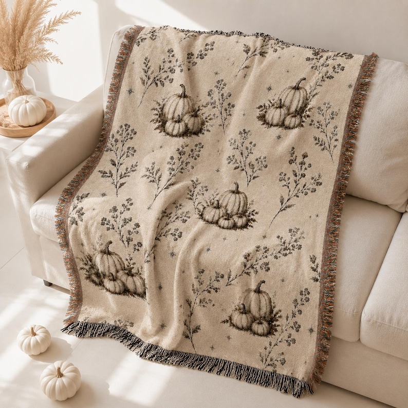 Woven Pumpkin Throw Blanket, Neutral Fall Tapestry, Cottagecore Botanical Decor image 1
