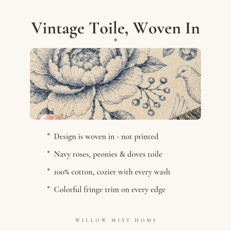 Personalized Family Name Woven Blanket, Vintage Floral Toile Throw, 100% Cotton, Fringed Edge image 10