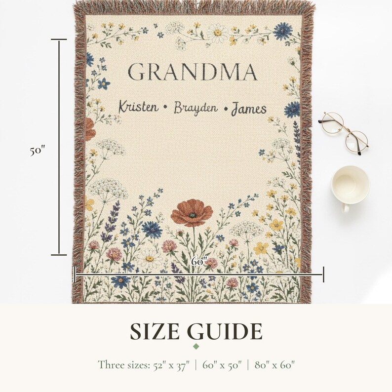 Personalized Grandma Wildflower Woven Blanket, Custom Grandkids Names Throw image 15