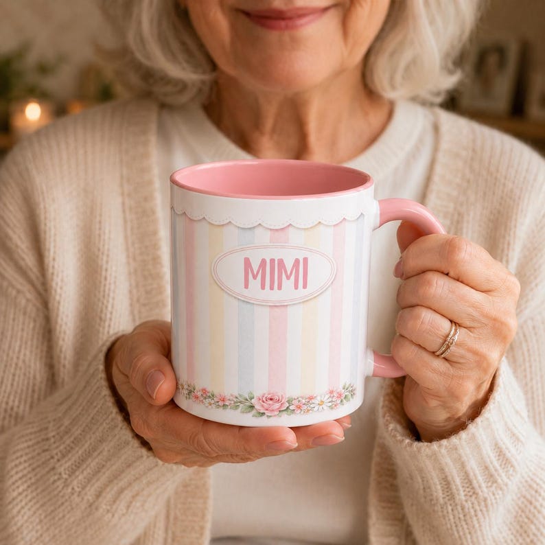 Personalized Mimi Pastel Striped Name Mug, Watercolor Floral Accent Coffee Cup image 1