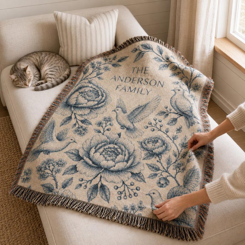Personalized Family Name Woven Blanket, Vintage Floral Toile Throw, 100% Cotton, Fringed Edge image 15