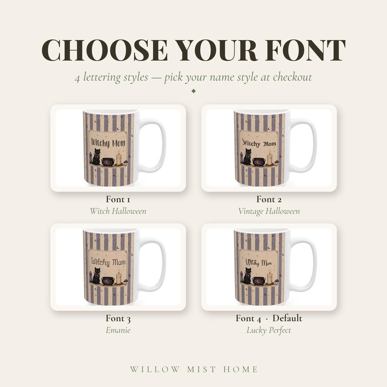 May include: Four white ceramic mugs with vertical brown stripes, each featuring a graphic of a black cat, a cauldron, and a candle. The text Witchy Mom is printed in four different font styles labeled Font 1, Font 2, Font 3, and Font 4.