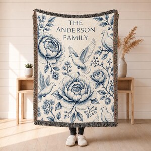 Personalized Family Name Woven Blanket, Vintage Floral Toile Throw, 100% Cotton, Fringed Edge image 1