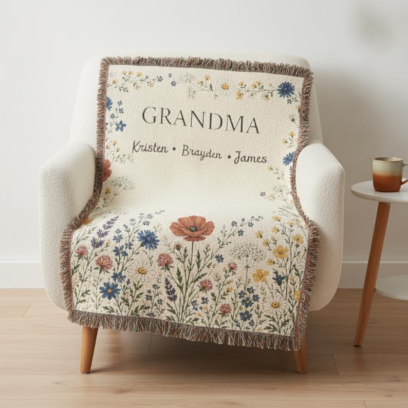 Personalized Grandma Wildflower Woven Blanket, Custom Grandkids Names Throw image 8