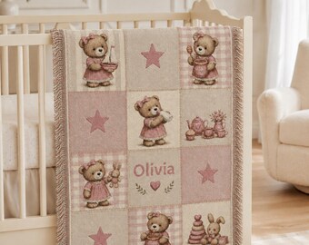 Personalized Woven Baby Blanket, Pink Teddy Bear Name Throw, Baby Girl Shower Gift