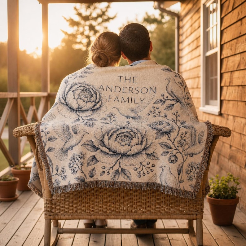 Personalized Family Name Woven Blanket, Vintage Floral Toile Throw, 100% Cotton, Fringed Edge image 3