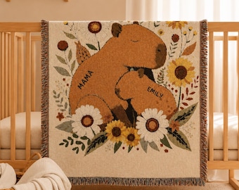 Personalized Capybara Mama Baby Woven Blanket, Botanical Meadow Throw