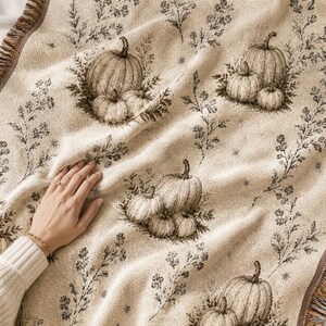Woven Pumpkin Throw Blanket, Neutral Fall Tapestry, Cottagecore Botanical Decor image 3