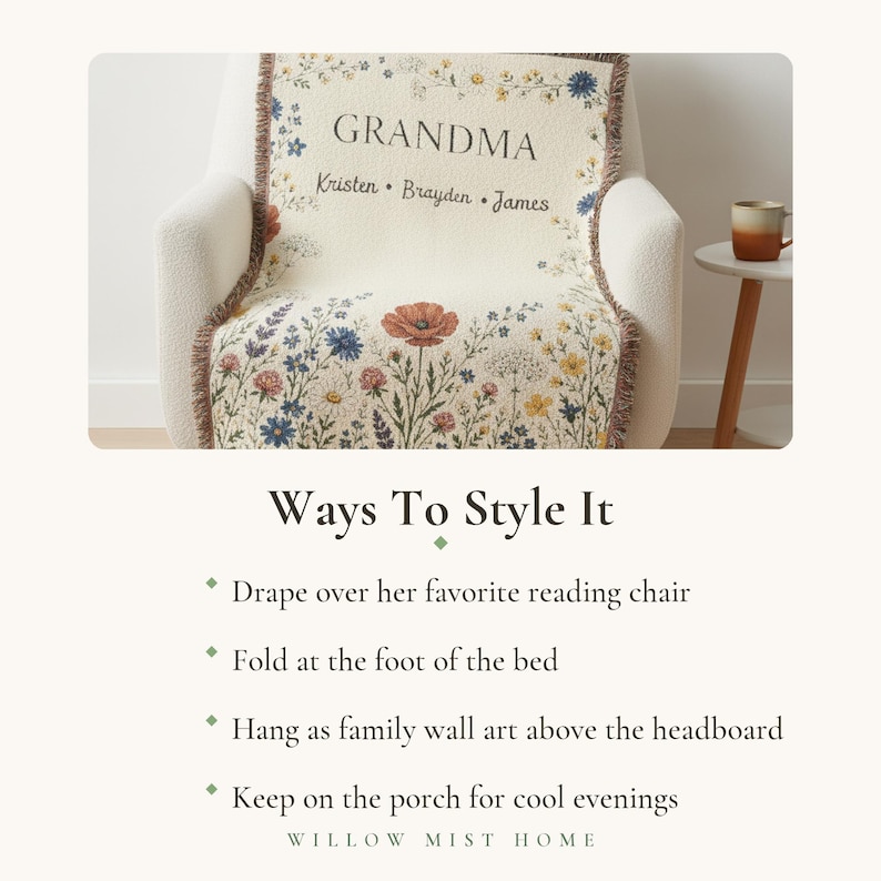 Personalized Grandma Wildflower Woven Blanket, Custom Grandkids Names Throw image 5