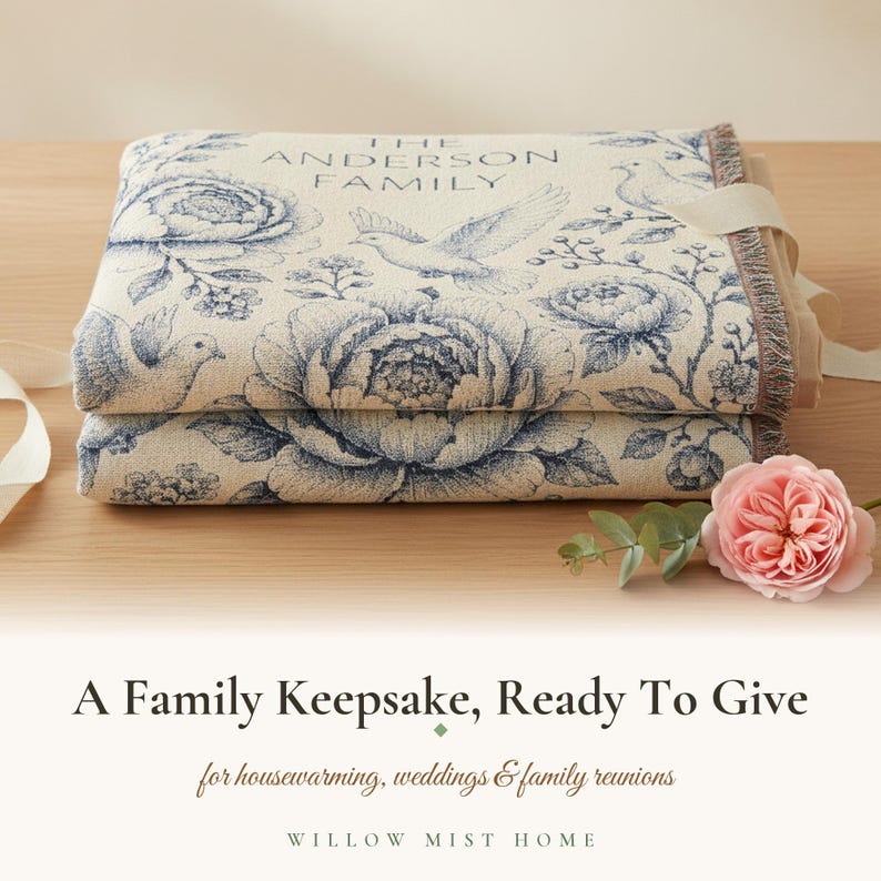 Personalized Family Name Woven Blanket, Vintage Floral Toile Throw, 100% Cotton, Fringed Edge image 7
