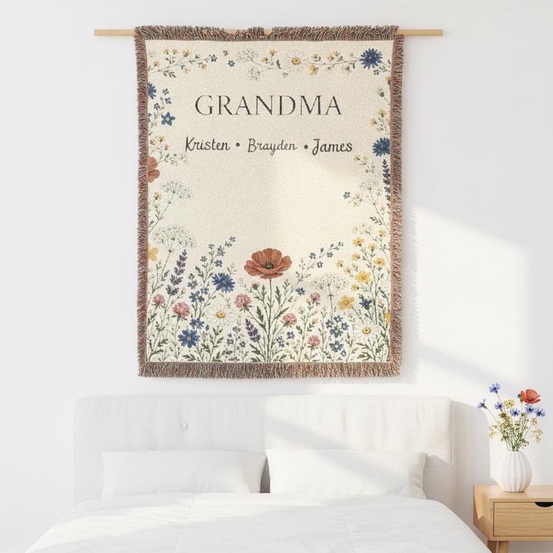 Personalized Grandma Wildflower Woven Blanket, Custom Grandkids Names Throw image 6