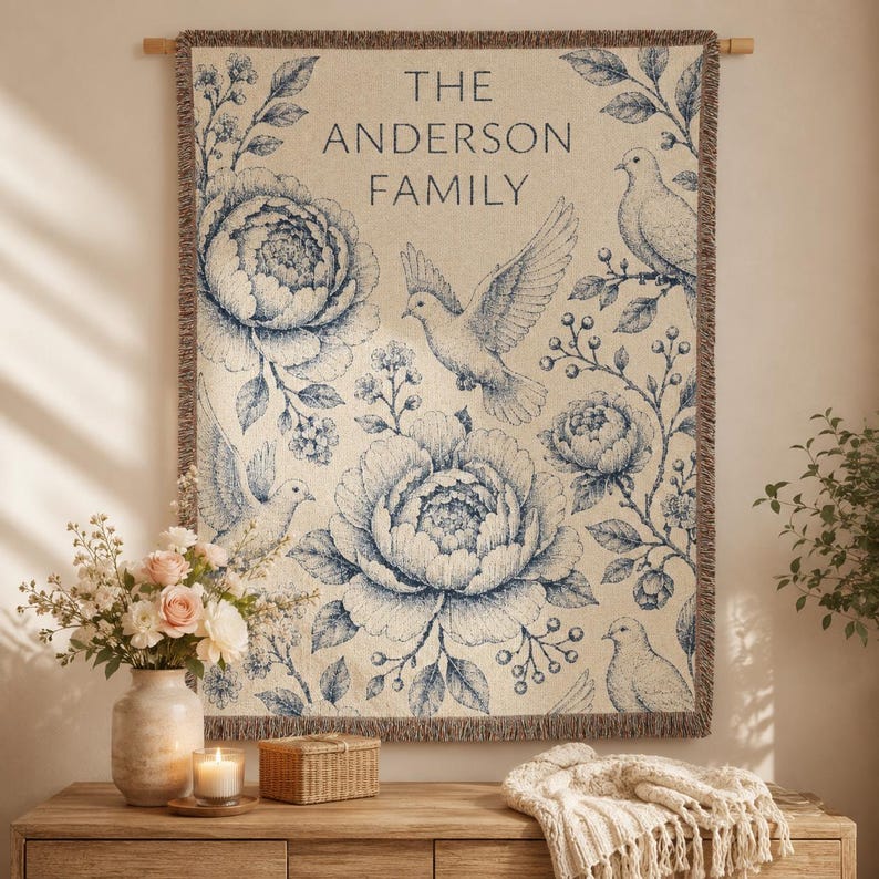 Personalized Family Name Woven Blanket, Vintage Floral Toile Throw, 100% Cotton, Fringed Edge image 2