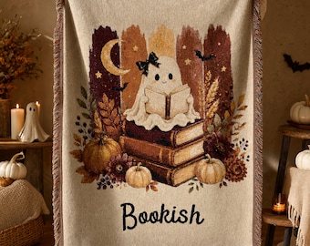 Woven Ghost Reading Books Blanket, Cozy Fall Book Lover Decor, Halloween Moon Stars Throw