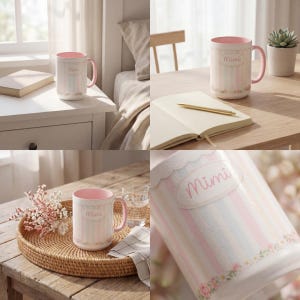 Styled lifestyle view of Mimi pastel striped name mug | Accent Coffee Mug 11oz 15oz