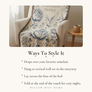 Personalized Family Name Woven Blanket, Vintage Floral Toile Throw, 100% Cotton, Fringed Edge image 8