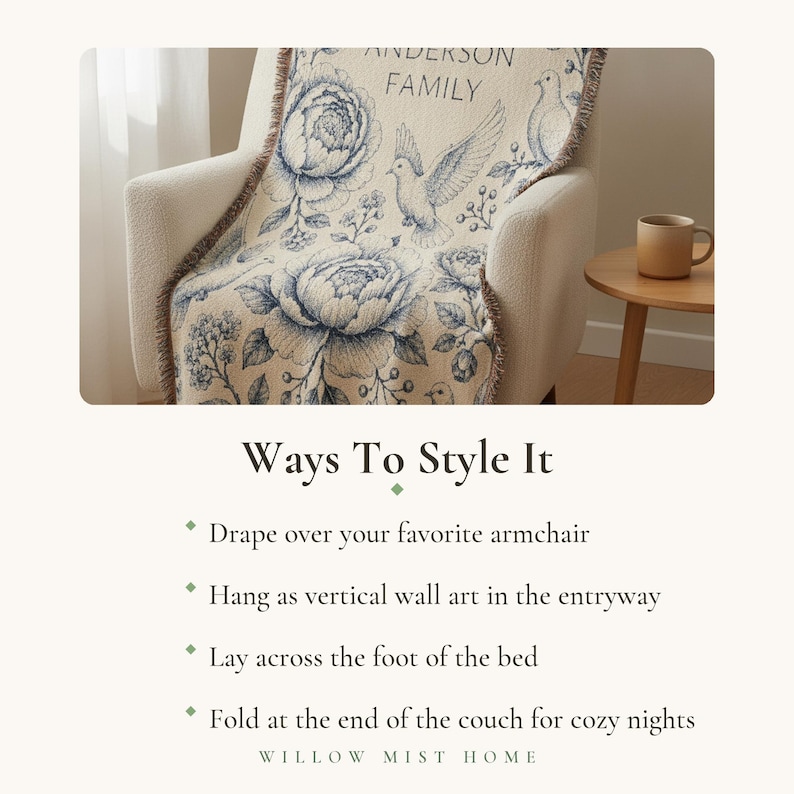 Personalized Family Name Woven Blanket, Vintage Floral Toile Throw, 100% Cotton, Fringed Edge image 8