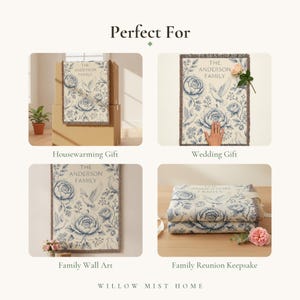 Personalized Family Name Woven Blanket, Vintage Floral Toile Throw, 100% Cotton, Fringed Edge image 6