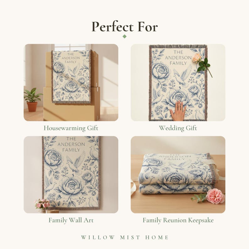 Personalized Family Name Woven Blanket, Vintage Floral Toile Throw, 100% Cotton, Fringed Edge image 6