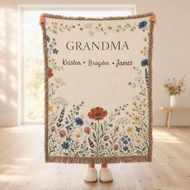 Personalized Grandma Wildflower Woven Blanket, Custom Grandkids Names Throw image 1