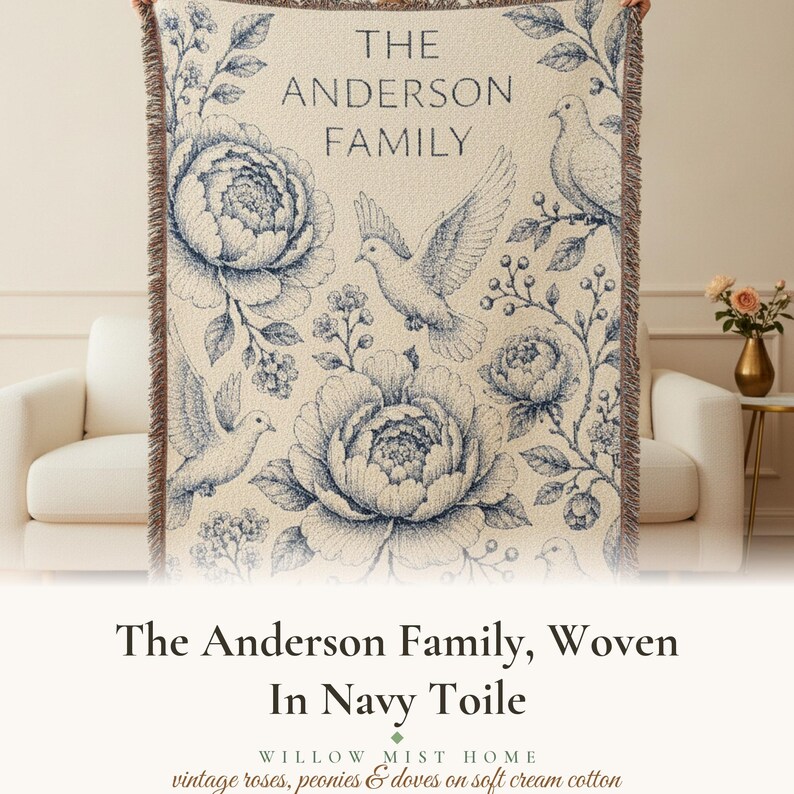 Personalized Family Name Woven Blanket, Vintage Floral Toile Throw, 100% Cotton, Fringed Edge image 5