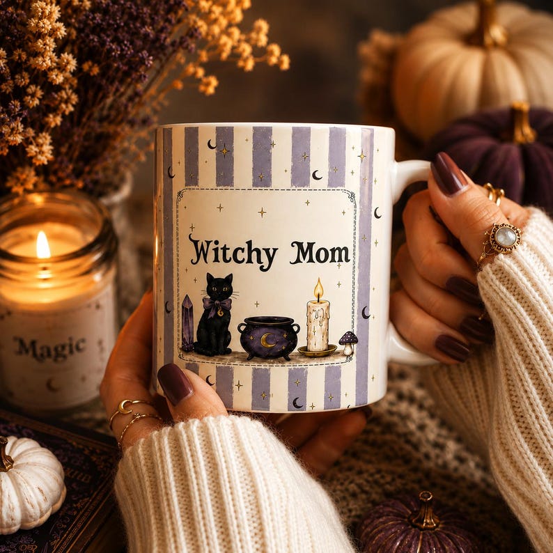 Personalized Witchy Mom Mug, Celestial Black Cat Coven Gift, Ceramic Coffee Cup image 1