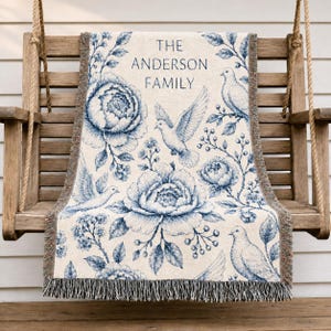 Personalized Family Name Woven Blanket, Vintage Floral Toile Throw, 100% Cotton, Fringed Edge image 14