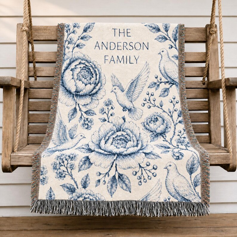 Personalized Family Name Woven Blanket, Vintage Floral Toile Throw, 100% Cotton, Fringed Edge image 14
