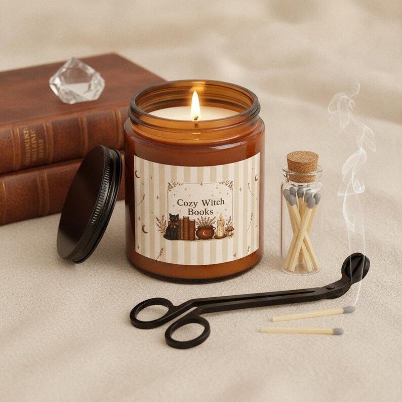 Book Lover Candle Set, Cozy Witch Black Cat Apothecary Jar, Dark Academia Gift image 7