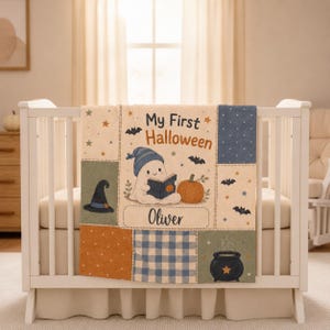 Meine erste Halloween-Babydecke, personalisierter Name, Geister-Kürbis-Set, Geschenk zur Geburt, Herbst-Patchwork-Erinnerungsstück