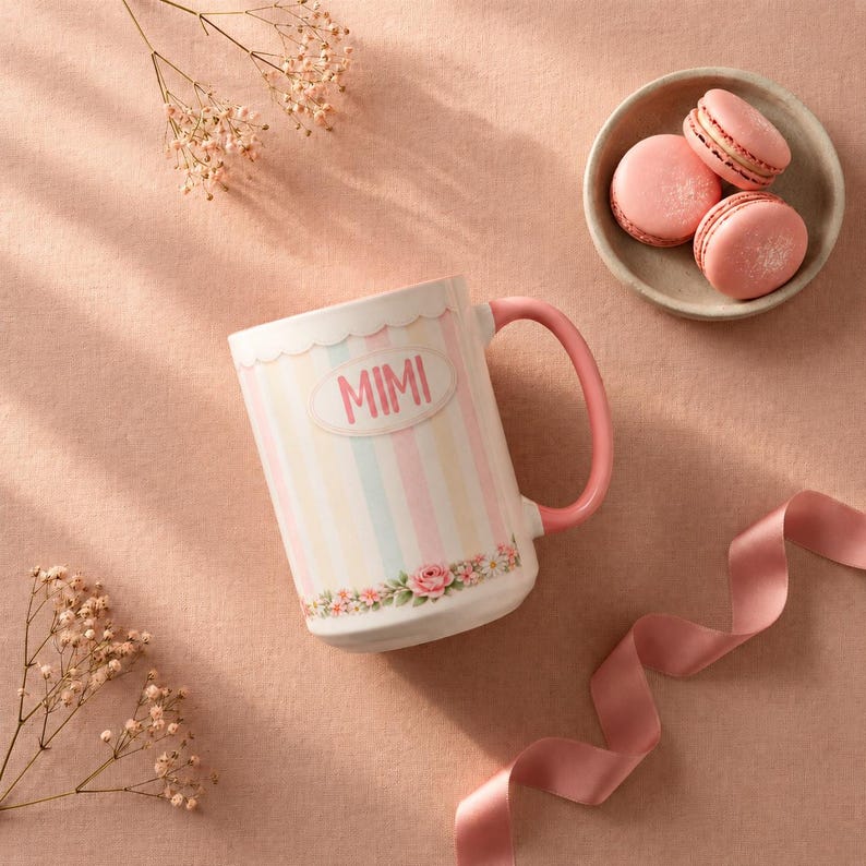 Personalized Mimi Pastel Striped Name Mug, Watercolor Floral Accent Coffee Cup image 2