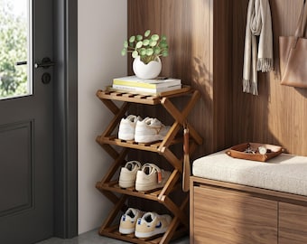 Foldable Bamboo Shoe Rack, Multi Tier Space Saving Entryway Organizer, Modern Collapsible Closet Shelf, Portable Corner Storage
