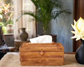 Funda para caja de pañuelos de ratán tejida a mano, soporte rectangular de mimbre para pañuelos, decoración de baño estilo bohemio, estuche rústico para pañuelos, regalo natural para el hogar estilo granja.