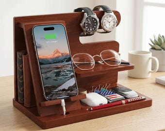 Solid Wood Phone Docking Station, Men's Nightstand Organizer, Watch Stand and Glasses Rack, Valet Tray for Desk, Handcrafted Gifts for Men