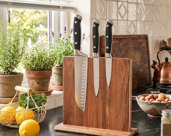 Acacia Magnetic Knife Block, Strong Magnet Knife Holder Rack, Kitchen Organizer, Chef Gift, Magnetic Knife Stand, Modern Wood Display