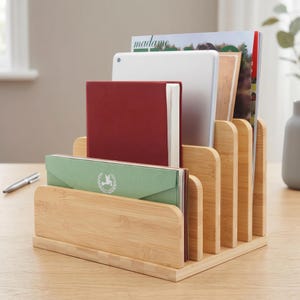Bamboo Desk Organizer, 5 Slot Mail Sorter, Letter Tray Stacking Folder Holder, Office Desk Decor, Eco Friendly Desk File Organizer