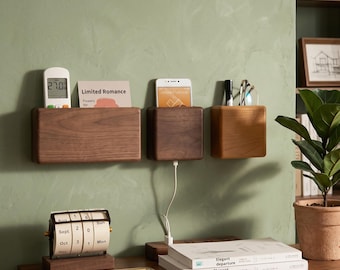 Walnut Wall Mounted Remote Holder, Minimalist Wood Floating Shelf, Phone Charging Station, Bedside Organizer, Wooden Storage Box, Home Gift