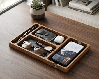 Massief houten bureau-organizer, opberger voor heren, nachtkastje opberger voor naast het bed, bureau-accessoires, cadeau voor hem, houten smartphonestandaard